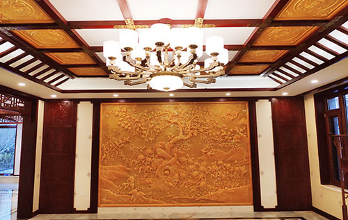 波莲镇中式别墅客厅中式木作横梁吊顶装饰展示